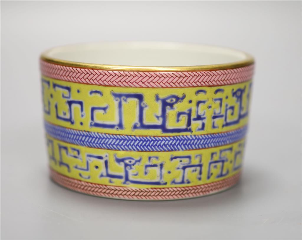 A Chinese yellow ground enamelled porcelain censer, diameter 10.5cm